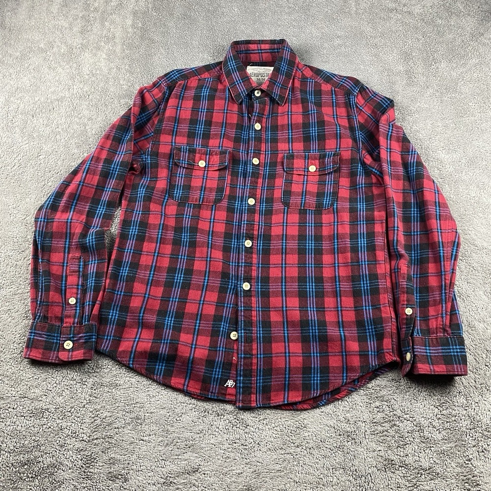Aeropostale Shirt Mens Medium Red Blue Button Up Flannel Long Sleeve